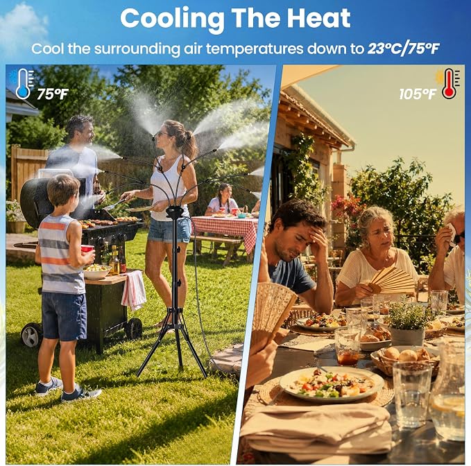 MIXC 8-Nozzles Standing Misters for Outside Patio, 2.6-5.3FT Adjustable Outdoor Misting Cooling System with 36FT Leak-Resistant Water Tubing, Portable Mist Hose for Patio, Backyard & Pool