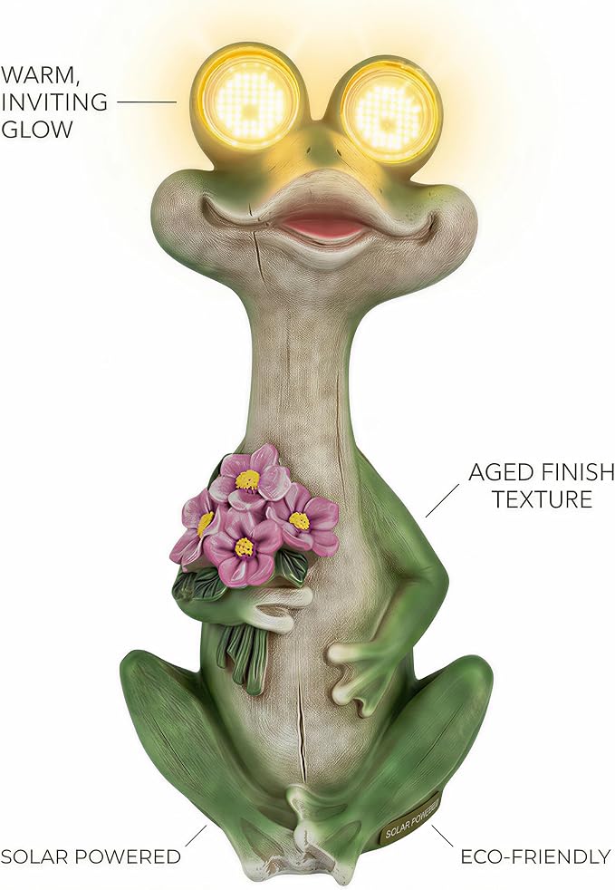 iStatue Solar Frog Garden Statue with Blinking Light-Up Eyes, Resin Outdoor Garden Decor Frog Holding Flowers, Waterproof Animal Figurine for Patio Lawn Yard Porch Balcony (Green)