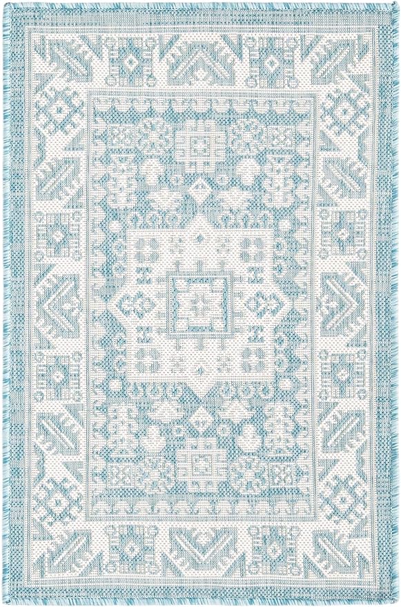 Unique Loom Outdoor Aztec Collection Area Rug - Chalca (2' 2" x 3' 1" Rectangle, Aqua/ Ivory)