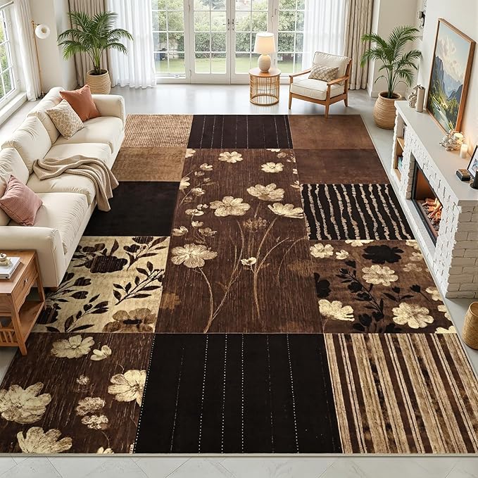 DweIke Floral Rugs for Living Room, 5x7 Washable Area Rug for Dining Room Farmhouse Office Bedroom Decor, Geometric Patchwork Stain Resistant Low Pile Indoor Floor Throw Rugs, Dark Brown