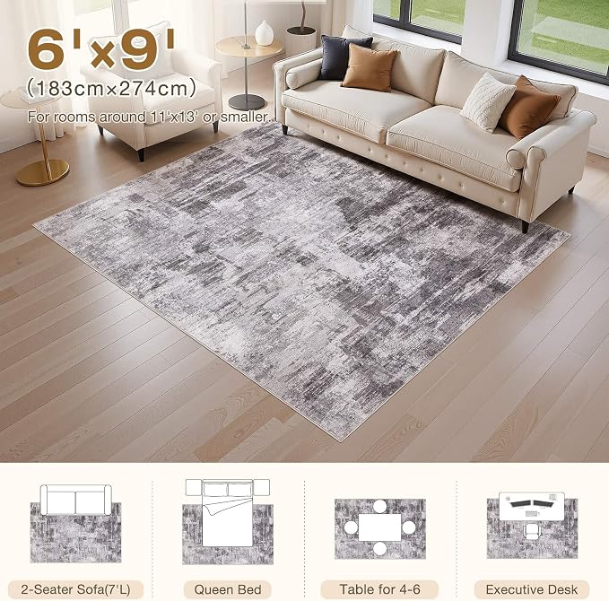 kakania Abstract 6x9 Area Rugs for Living Room: Washable Rugs Grey | Soft, Non-Slip, Low-Pile, Pet & Kid Friendly - Modern Home Decor Carpet for Bedroom/Dining Room/Office/Nursery