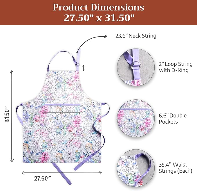 Maison d' Hermine Aprons for women with Pocket 100% Cotton (27.50"x31.50") | Adjustable Neck Strap & long ties Apron Men Chef Wedding Cooking Gardening Server Maid