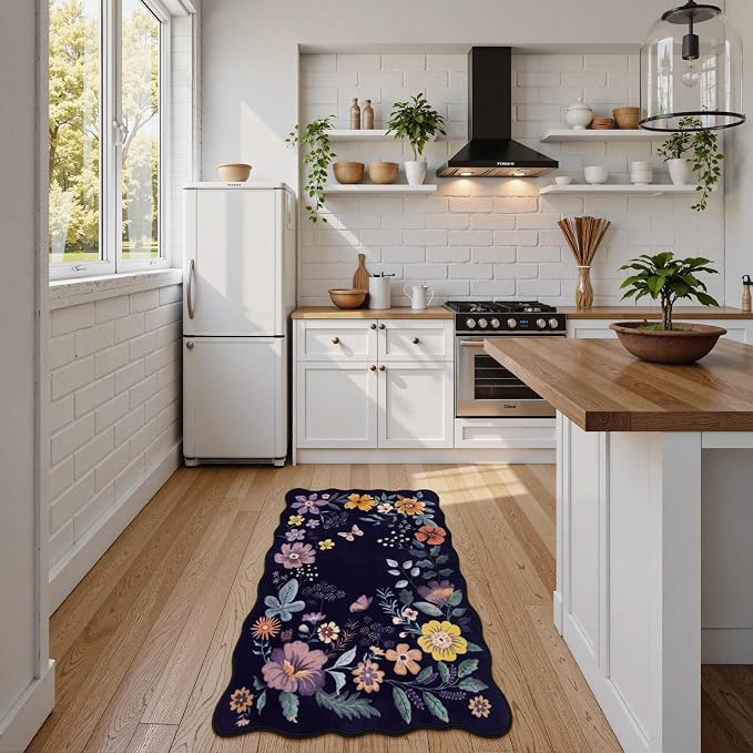 Lahome Floral Washable Entryway Rug, 2X3 Purple Kitchen Rugs Non Slip Small | Ultra-Thin Soft Door Mat Indoor Entrance Stain Resistant Boho Carpet for Bathroom Bedroom Flore (2x3ft, Purple)