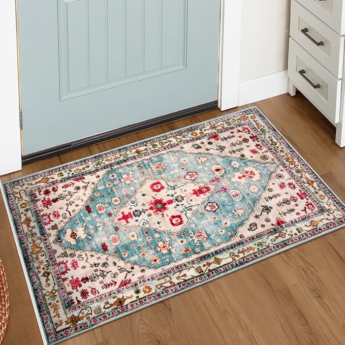 Lahome Felice Boho Tribal Area Rug - 2x3 Small Aqua Bath Rugs Kitchen Throw Mat, Soft Washable Non Slip Non Shedding Bohemian Bathroom Bedroom Carpet for Front Door Living Room Stove Chair