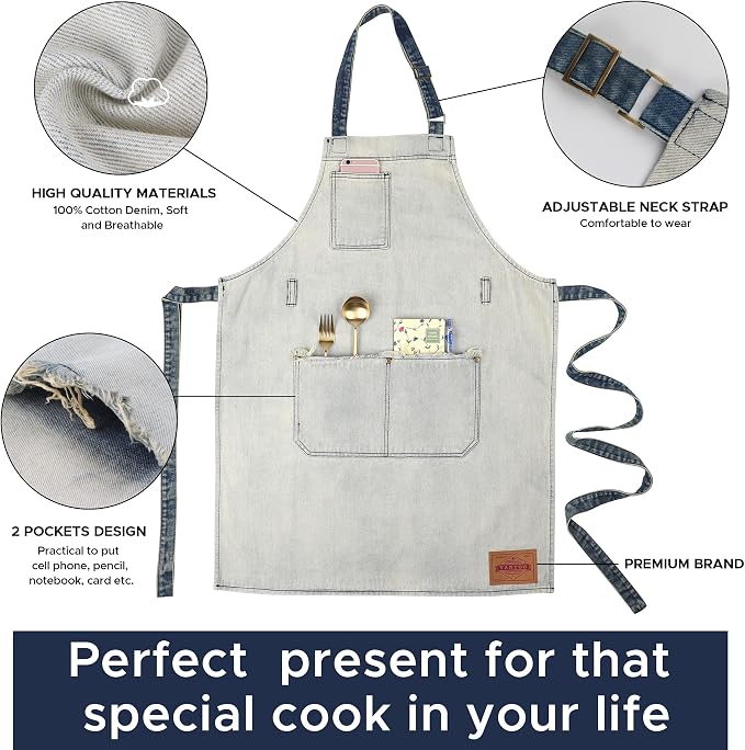 Denim Chef Apron for Women with Pockets, Jean Waitress Server Kitchen Apron for Men Cooking Gardening Painting