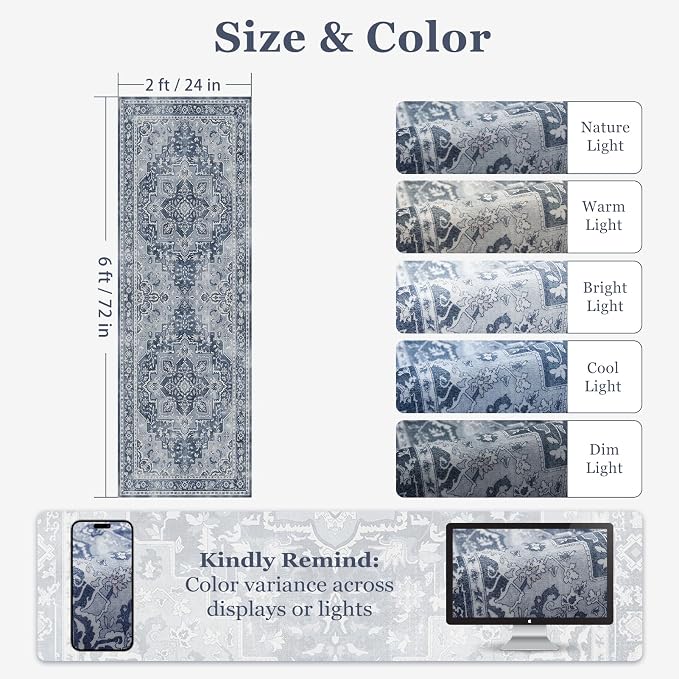 Blue Gray 2x6 Hallway Runner Rug, Carpet Runners 6ft for Kitchen Non Slip Washable, Modern Vintage Floor Runner for Entryway Foyer, Transitional Rug Runner for Bathroom Bedroom Laundry Room