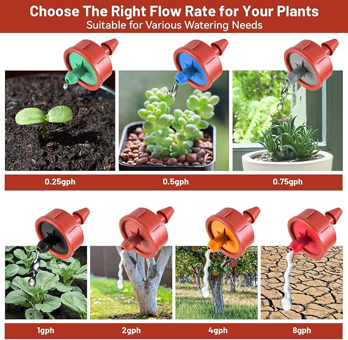50 PCS 0.25 GPH Pressure Compensating Drip Irrigation Spot Watering Drippers/Emitters, Anti-Clog Self-Cleaning Drip Irrigation Emitters Heads Irrigation Drippers Parts for Seedlings, Mini Gardens