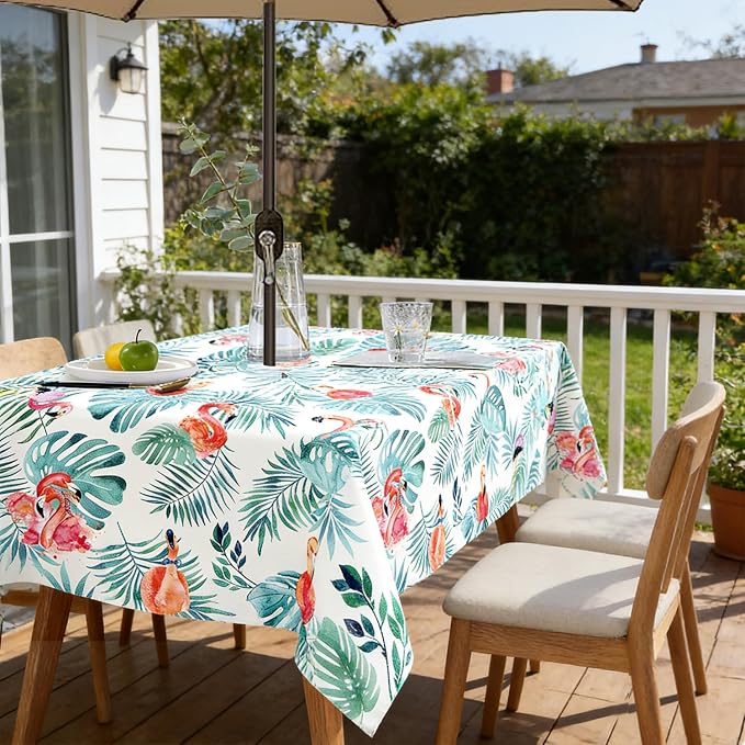 Outdoor Tablecloth with Umbrella Hole and Zipper, Rectangle Patio Table Covers for Spring/Summer, Machine Washable Outdoor Picnic Table Cloth (Flamingo, 60" × 84" Rectangular)