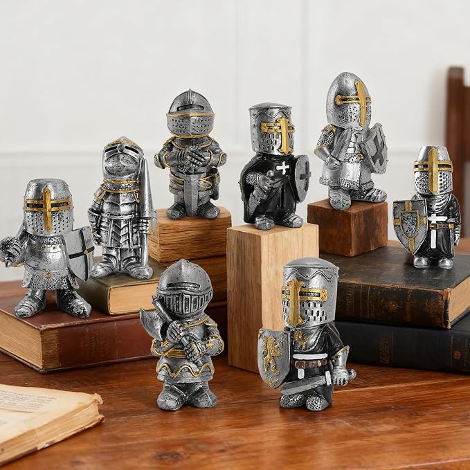 8PCS Knight Garden Gnomes Decorations Statue Medieval Guard Resin Figurines | Warrior Sculptures, Funny Army Gnomes, Durable Resin, 3D Hand-Painted, Outdoor Indoor Decor, Yard, Lawn, Farm, Home Ornament