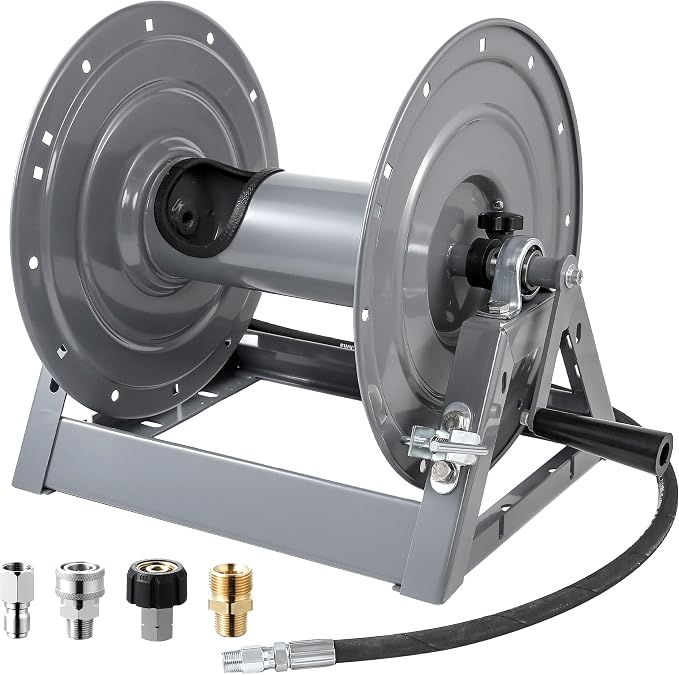 FIXFANS Pressure Washer Hose Reel, 300FT x 3/8" or 500FT x 1/4" Heavy Duty Hose Reel, Manual Crank Power Washer Hose Reel with M22 Fitting, Wall/Floor/Truck Mounted, 4000 PSI