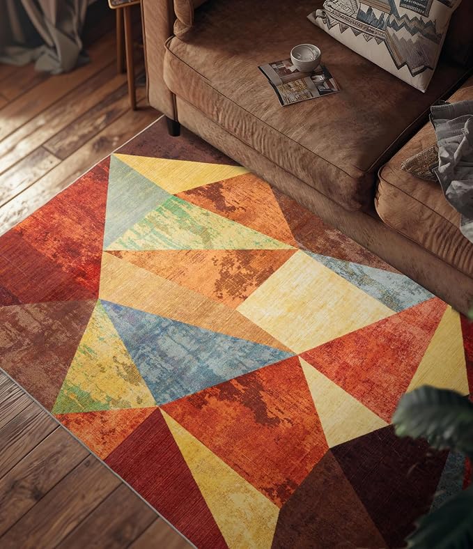 Brown Rustic Area Rugs 3x5,Geometric Burnt Orange Area Rug Non Slip,Farmhouse Rugs Washable,Burgundy Carpets for Bedroom, Boho Rug for Kitchen,Dining Room