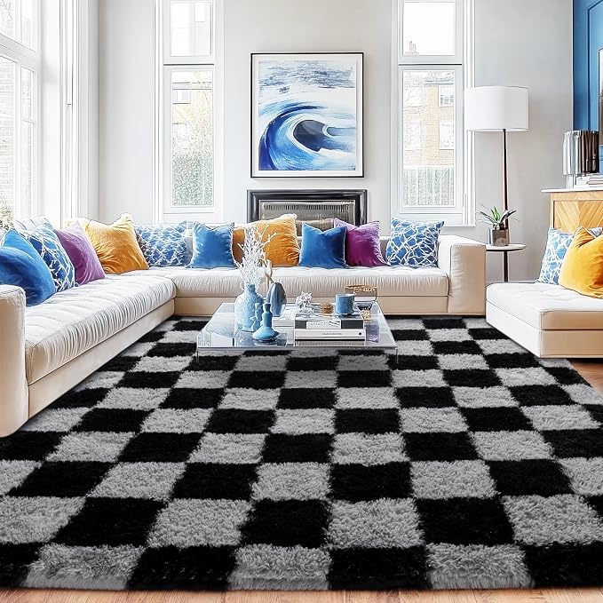 Checkered Rug for Living Room 8x10, Ultra Fluffy Fuzzy Shag Black and Grey Large Area Rug for Bedroom, Modern Plush Soft Upgrade Non-Slip Carpet for Kids Girls and Boys Room Dorm Home Decor