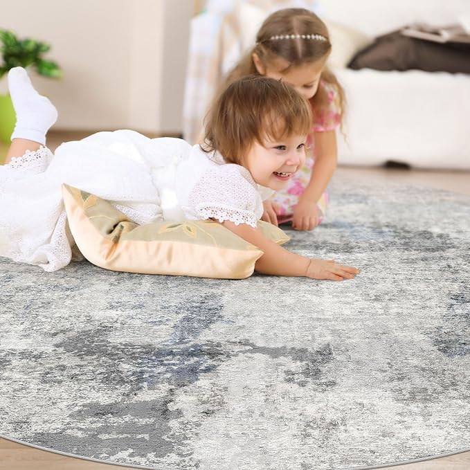 DMOYEST 8ft Round Area Rug for Living Room Washable Non Slip Circle Rug | 8x8 Neutral Modern Abstract Low Pile Rugs Kid & Pet Friendly Soft Carpet for Bedroom Dining Room - Grey Blue