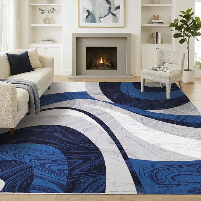 Washable Area Rug for Living Room, Indoor, Dinig Room – Soft Pile Non-Slip Rug for Kitchen – Modern Contemporary Design Machine Washable Carpet, Foldable Rug, Easy to Clean – (8X10-Dark Blue)