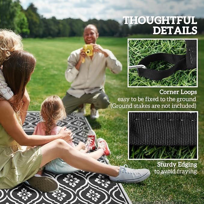 Outsunny Outdoor Rug for Patio, 9' x 18' Waterproof Large Mat, Reversible Plastic Straw Rug for Decor, Portable Outside RV Camping Area Carpet Mat for Backyard Porch Deck Picnic, Black & White Gourd