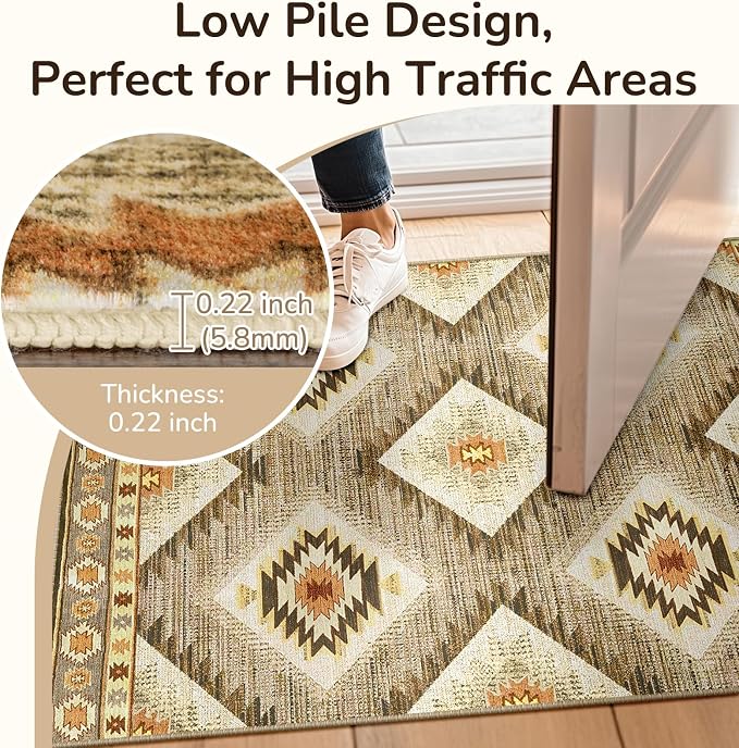 Area Rug 3x5 Machine Washable Non-Slip Low Pile Print Pattern Western Rug for Living Room Bedroom Entryway Tribal Series Cream/Camel | Soft Western No Slip Low Pile Print Foldable Indoor for Kitchen Dining Room