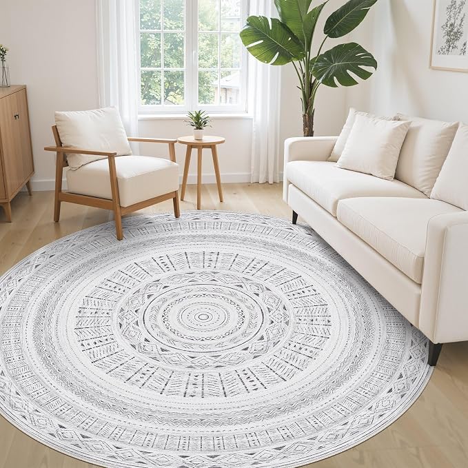 cotiled 6x6 Round Rug 6ft Circle Living Room Boho Area Rugs | Washable Foldable Indoor Carpet for Bedroom Home Office Dark Grey