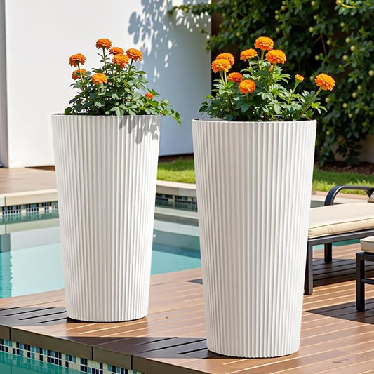 23.6" H Tall Planters for Outdoor Plants Set of 2 - Fluted Large Outdoor Planters for Front Porch Decor with Drainage Hole, Plastic Round Flower Pots Fits Indoor Plants Patio/Garden, White
