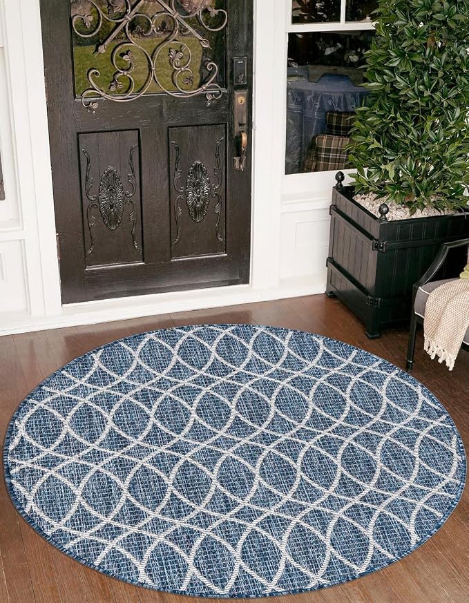 Unique Loom Outdoor Trellis Collection Area Rug - Gitter (4' 1" Round, Blue/ Ivory)