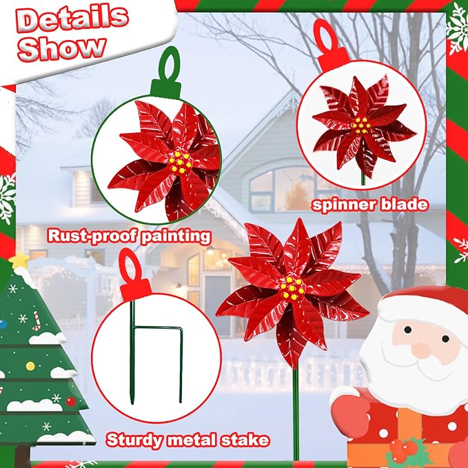 Metal Flowers Wind Spinner Garden Lawn Stakes Yard Art Poinsettia Windmill | 27 Inch Handicraft Lawn Decorations, 5 Pieces Christmas Star Stake, Metal Yard Art Outdoor Mother's Day Decoration Gift