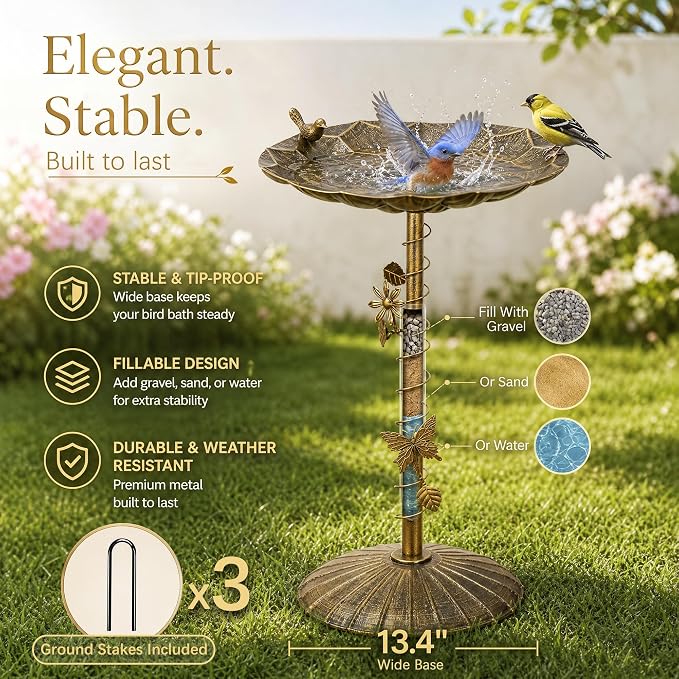 VECELO Antique Gold Metal Bird Bath for Outside, 28.7" Freestanding Pedestal Birdbath with Vintage Butterfly & Bird Decor, 15.4" Bowl Diameter, Easy Assembly Heavy-Duty Iron Garden Decoration