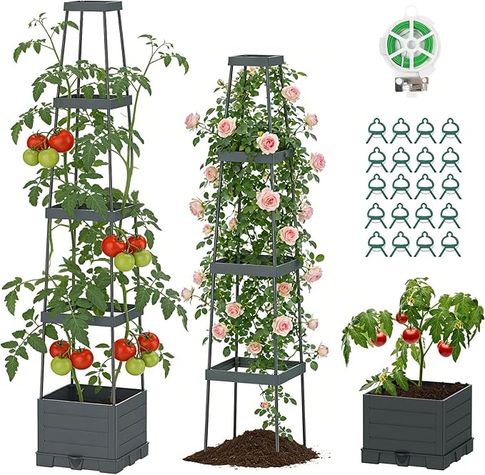 Suteck 1-Pack Raised Garden Bed Planter Box with Trellis, Self-Watering Tomato Planter with Adjustable Height Steel Support Frame for Climbing Plants, Tomato Cages for Patio, Balcony & Outdoor