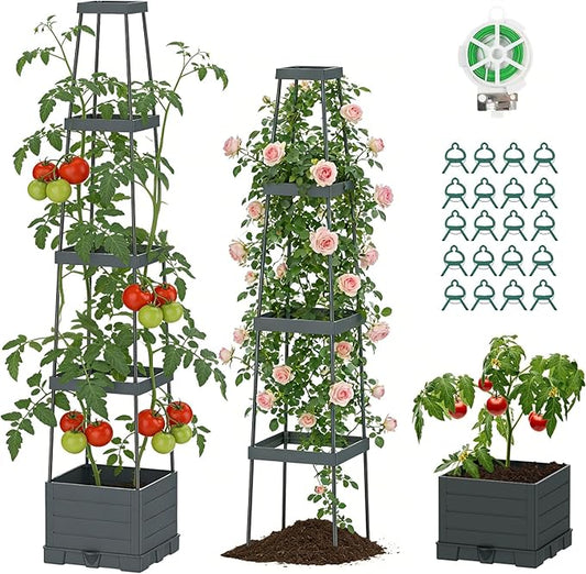 Suteck 1-Pack Raised Garden Bed Planter Box with Trellis, Self-Watering Tomato Planter with Adjustable Height Steel Support Frame for Climbing Plants, Tomato Cages for Patio, Balcony & Outdoor