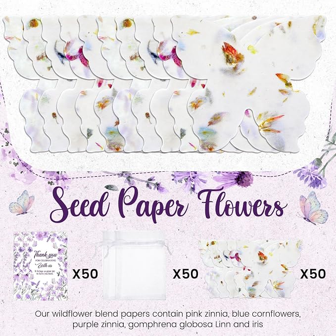 Dunzoom 50 Sets Wedding Gifts for Guests Butterfly Shaped Seed Paper Handmade Flower Petals Tags Plantable Wildflower Seed Paper Recycled Thank You Cards and Organza Bags for Bridal Party Favors
