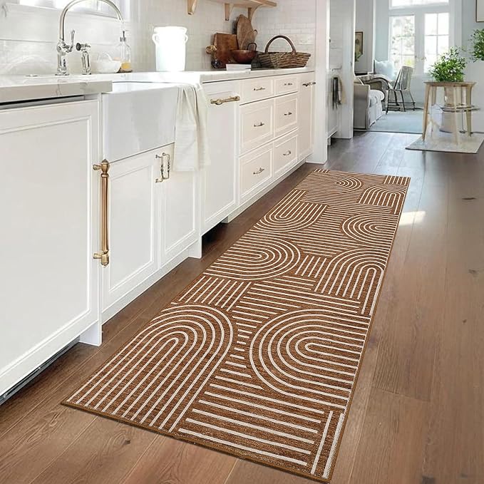 ROYHOME Modern 2.5x8 Hallway Runner Rug Non Slip Soft Kitchen Rug, Copper | Abstract Washable Mat, Rainbow Geometric Runners Rugs for Bedroom, Long Rugs for Entryway Arch Pattern Bathroom Laundry Dorm