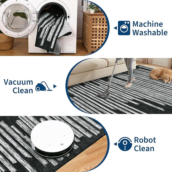 GarveeHome Large Area Rug 9x12 Modern Striped Non Slip Stain Resistant Washable Rug for Living Room Dining Room Bedroom Guest Room Home Office Low Pile Soft Carpet Kids&Pets Friendly, Black