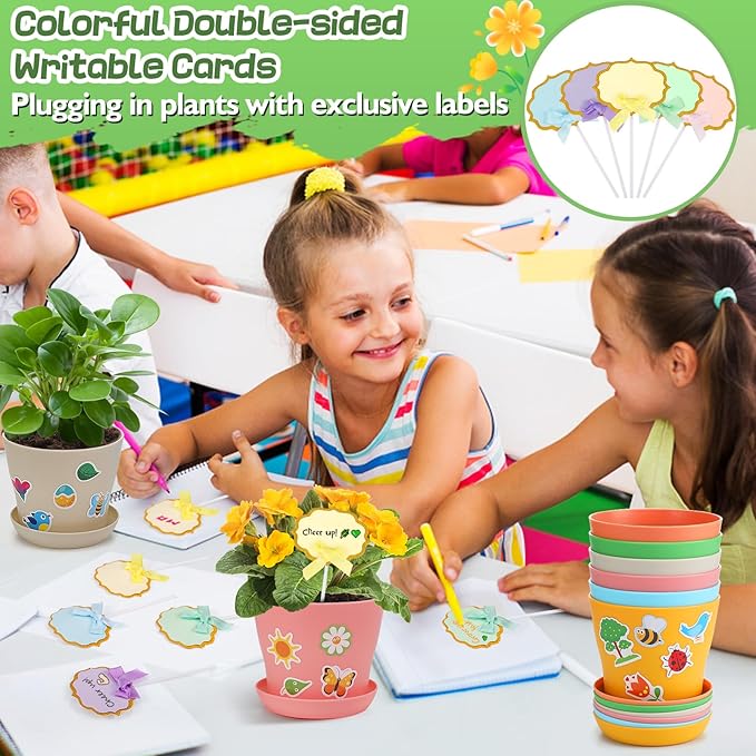 Cosweet 24 Pack Durable Resin Garden Pot Craft Kit for Kids - Colorful Flower Plant Spring Crafts with Stickers & Blank Labels, School Activities Growing Kit for Classroom Home DIY Gift 4+ Years