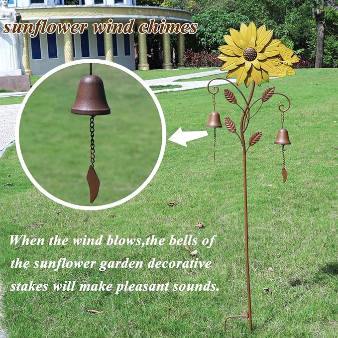 HLQMFHT Sunflower Garden Stake with Bells, Decorative Garden Stakes for Garden Yard Patio Decor