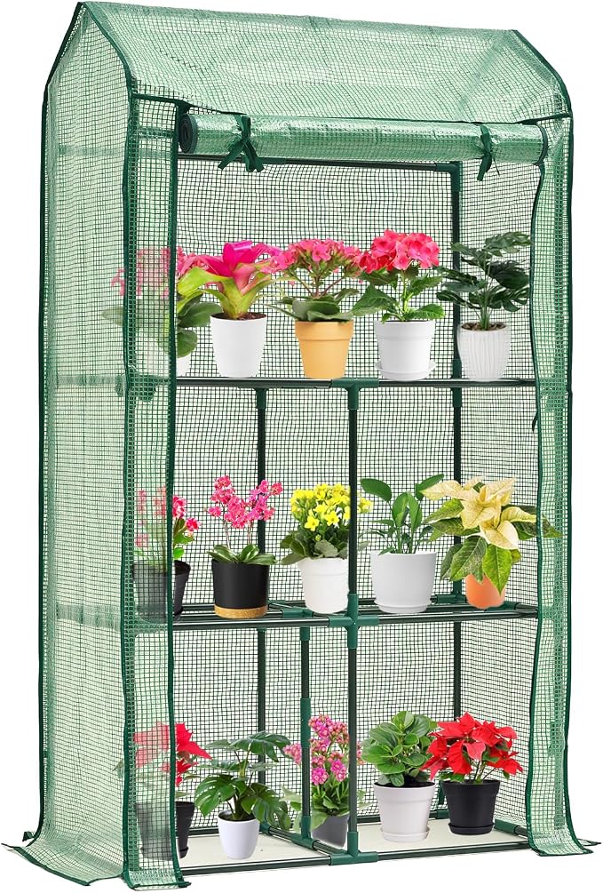 Purlyu Mini Greenhouse for Indoor Outdoor, Small Plastic Plant Green House Rack Stand Portable Greenhouses with Durable PE Cover for Seedling 60 "x 35"x 16",20 Pcs T-Type Plant Tags Include（PLGH4053G）