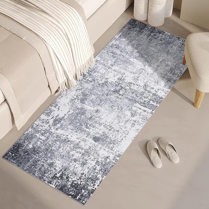 ROYHOME Modern Abstract Runner Rug 2x5 Washable Non Slip, Light Grey | Stain Resistant Rug for Bedroom Living Room Non Shedding Low Pile Indoor Floor Cover