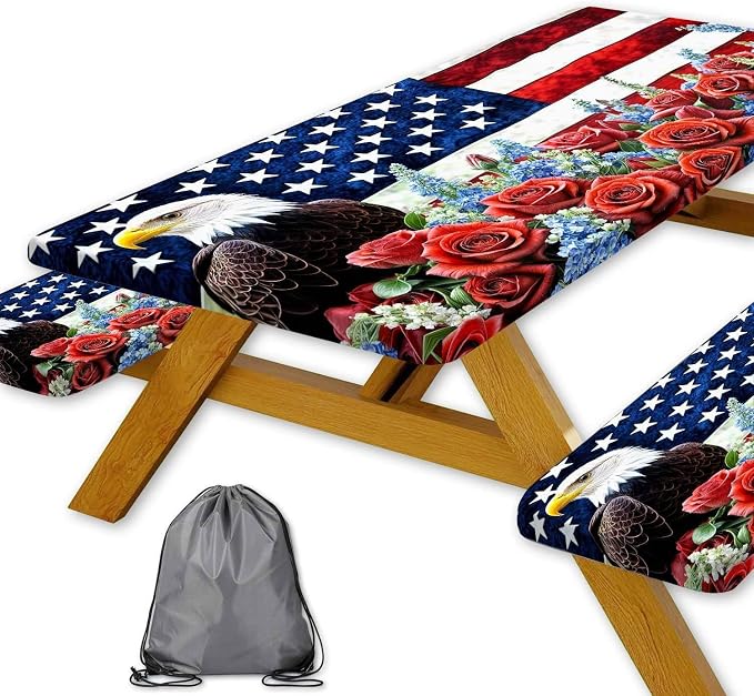 Picnic Table Cover with Bench Covers and Bag, American Flag Eagle Summer Camping Essentials Outdoor Table Covers with Elastic Picnic Waterproof Fitted Tablecloth for RV Picnic Travel 3pcs 60inch
