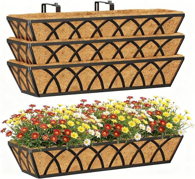 Y&M Hanging Railing Planter Boxes 4 Pack, 24 Inch Adjustable Balcony & Deck Planter, Heavy Duty Metal Flower Box for Porch, Fence & Window, Outdoor Plant Holder