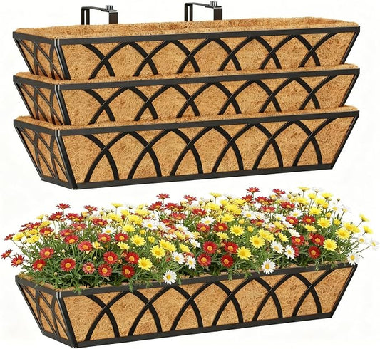 Y&M Hanging Railing Planter Boxes 4 Pack, 24 Inch Adjustable Balcony & Deck Planter, Heavy Duty Metal Flower Box for Porch, Fence & Window, Outdoor Plant Holder
