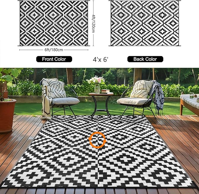 Outdoor Patio Plastic Straw Rug - 4x6 ft Outdoor Camping Rug Waterproof Reversible, Area Carpet Patios RV, Outside Porch Balcony Deck for Camper, Black & White