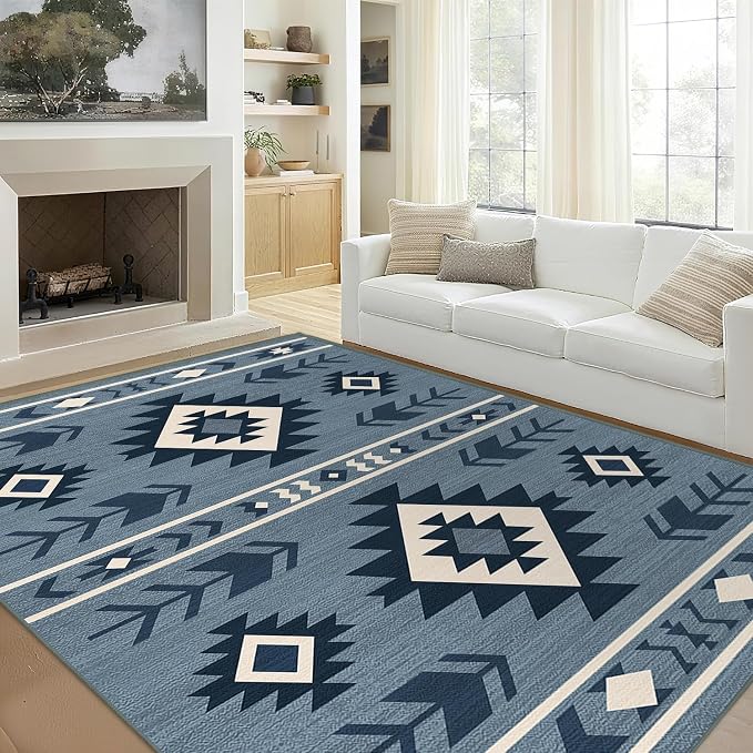 Area Rug 5x7 Western Rug Living Room Southwestern Aztec Tribal Rugs Southwest Navajo Machine Washable Non-Slip Printed Low-Pile Floor Carpet for Bedroom Dining Room Office, Blue