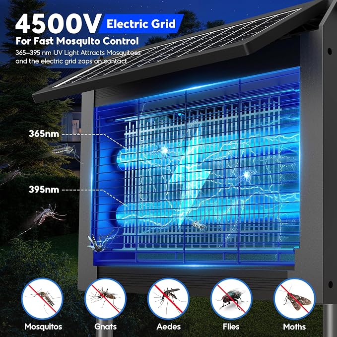 Solar Bug Zapper Outdoor, 4500V Electric Mosquito Zapper with Dual Solar Panels & USB Charging, Auto On/Off Mosquito Killer, IPX5 Waterproof Fly Trap for Backyard Patio Garden Camping, 1/2 Acre