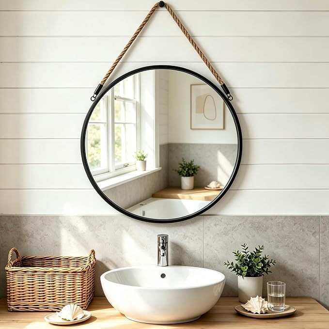 POZINO 20" Round Mirror with Black Metal Frame, Hanging Mirror for Wall | Circle HD Mirror with Jute Rope, Anti-Rust, Farmhouse Decorative Wall Mirror for Entryway, Living Room, Fireplace, Bathroom