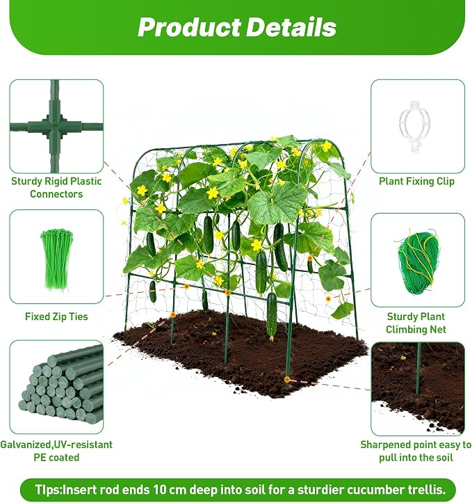 2Pack Cucumber Trellis, Garden Trellis U-Shape Plant Support for Climbing Plants Metel Arch with Netting for Raised Garden Bed Outdoor Cucumbers, Vine Climbing Plant(47.2''X32''x47.2''(LxWxH))