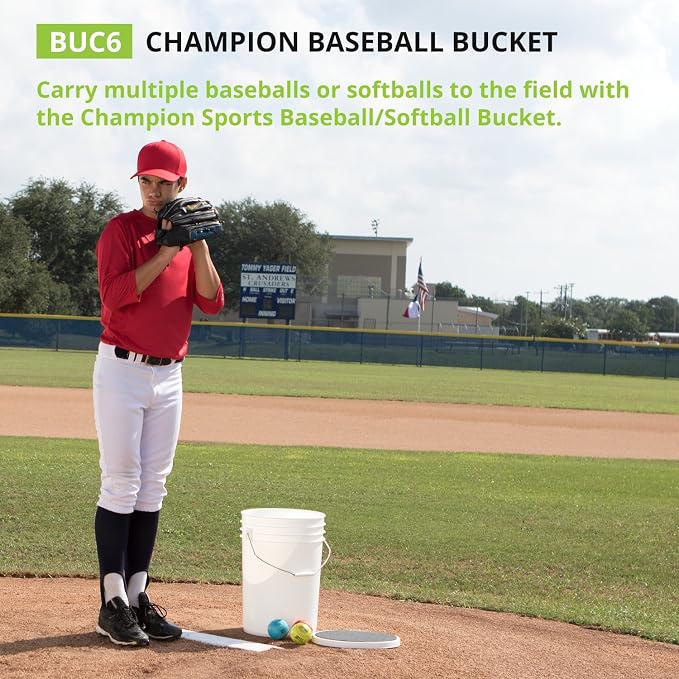 Champion Sports 6 Gallon Bucket with Padded Soft Seat Lid - Durable Construction - Balls Not Included - Ideal for Baseball, Softball, T-Ball, Practice Balls, and Lacrosse – White