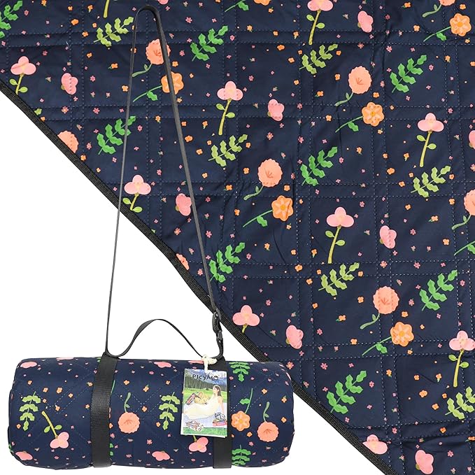 Outdoor Picnic Blanket Blue Floral 60"x80" Sandproof Beach Blanket Waterproof Picnic Blankets Foldable for Caming, Beach, Outdoor Activities.