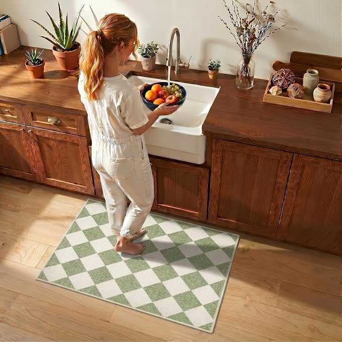 GarveeHome Checkered Entryway Rug 2x3 Sage Green Washable Front Door Rug | Diamond Indoor Entrance Plaid Carpet Non-Slip Low Pile Throw Rugs for Kitchen Floor, Powder Room, Entry, Bathroom, Kids Room