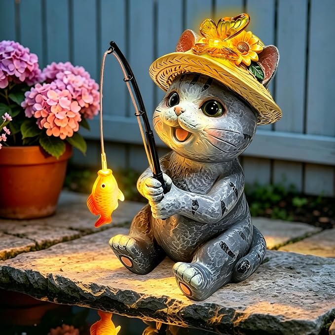VOOKRY Cat Garden Statues, Outdoor Fishing Cat with Solar Lights Waterproof | Birthday Gifts for Cat Lovers Mom Women Christmas, Cat Figurines Garden Decor, Yard Decorations Patio Porch Lawn Ornaments