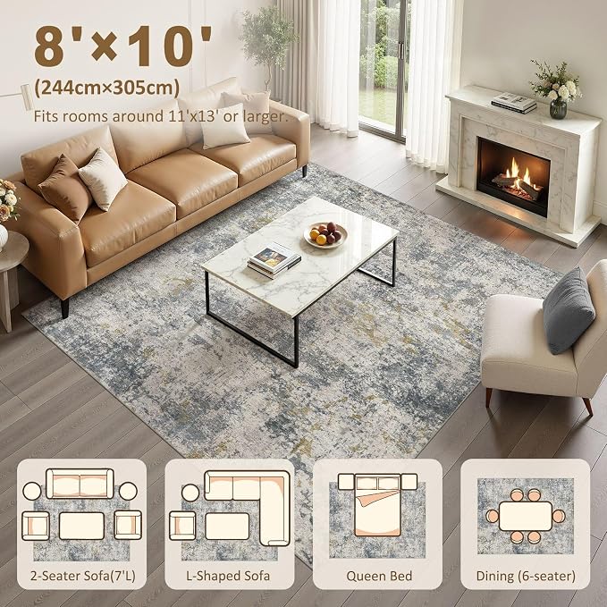 kakania Washable 8x10 Area Rug for Living Room: Abstract Modern Home Decor | Soft Stain Resistant, Low-Pile, Non-Slip, Pet & Kid Friendly, Thin Rug for Bedroom/Dining Room/Kids Dorm - Blue Grey