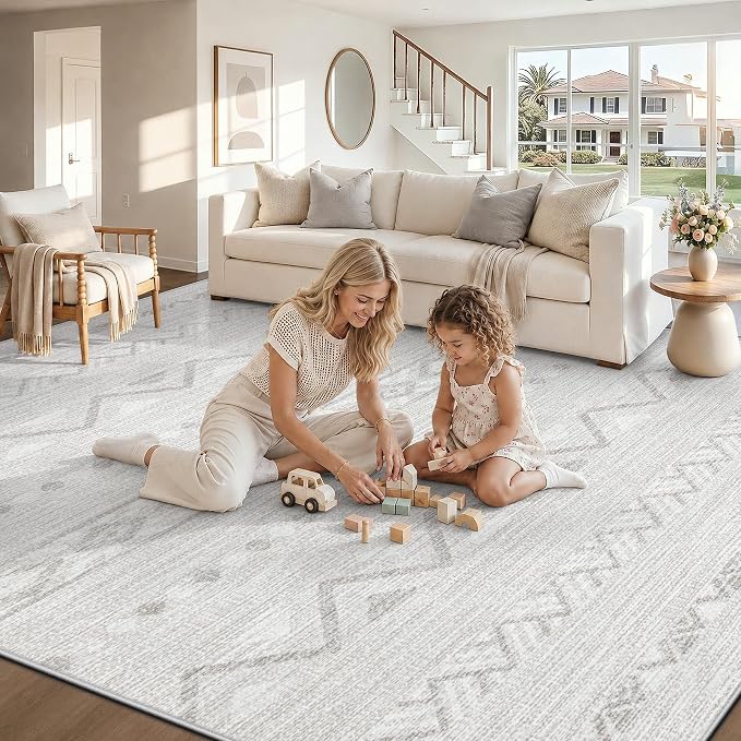 Zomfy 9x12 Area Rug Washable Rugs for Living Room(Grey, 9'x12') | Geometric Boho Modern Rugs Large Non Slip Soft Carpet Low Pile No Shedding Print Rug for Bedroom Dining Room Home Office