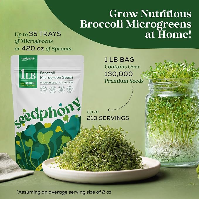 Seedphony Broccoli Sprouting & Microgreens Seeds - 130,000 Non-GMO Heirloom Seed, 1lb Resealable Bag - High-Germination Broccoli Seeds for Sprouting in Jars, Soil, Hydroponics & Microgreen Trays