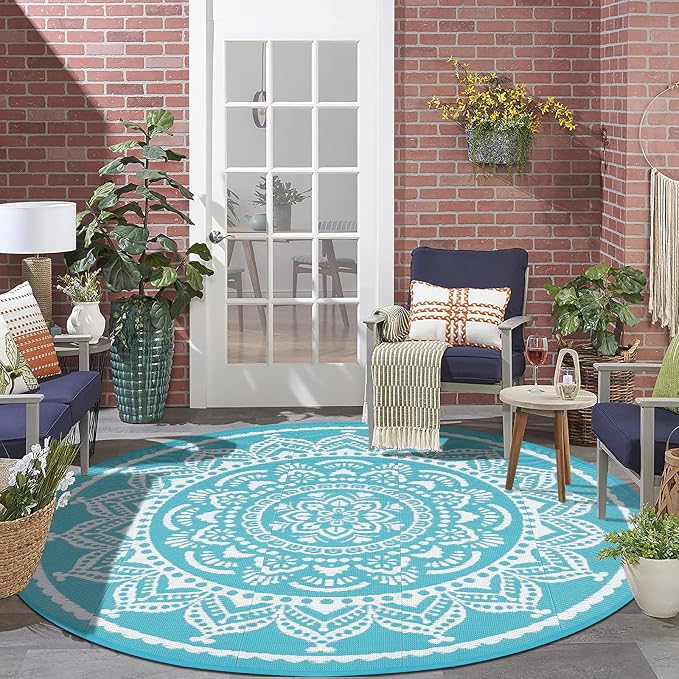 Bsmathom Waterproof Outdoor Rug 8ft Round Reversible Boho Plastic Straw Patio Deck Camping Rugs, Indoor Outdoor Portable RV Mat Carpet for Outside, Porch, Balcony, Backyard, Beach, Pool,Teal